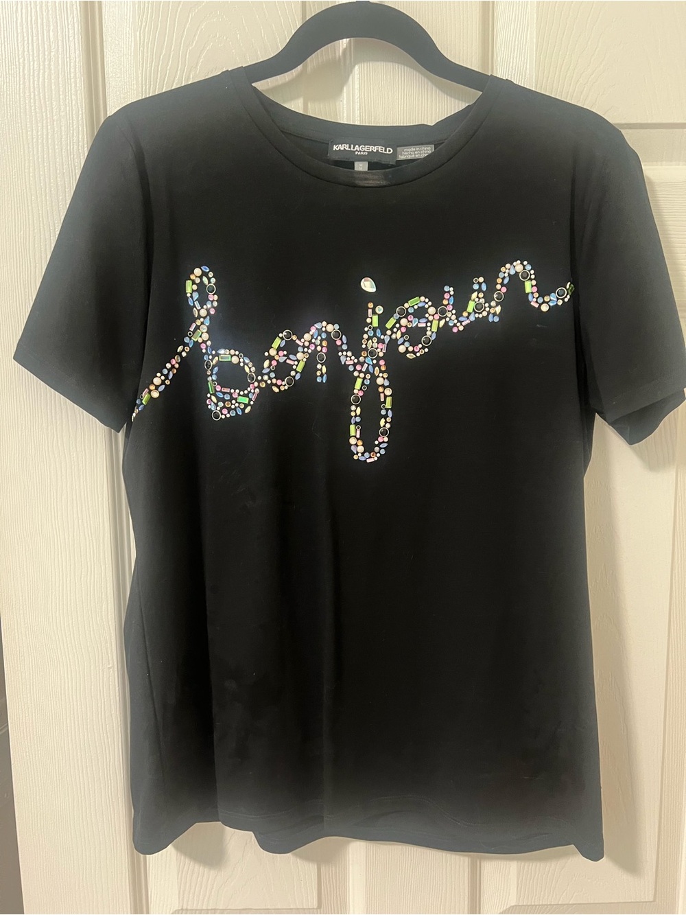 Karl Lagerfeld Black 'Bonjour' Embellished Tee